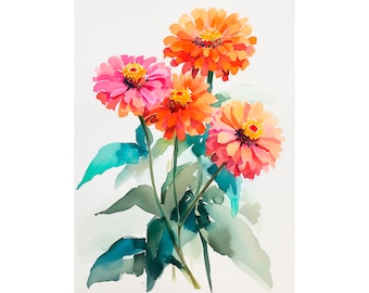 Impresión artística de acuarela de zinnias, flores en flor, impresión artística botánica, decoración de pared, regalos para ella de FeelingPrints