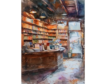 Boekhandel aquarel kunstafdruk New York City Library schilderij boeken muurkunst