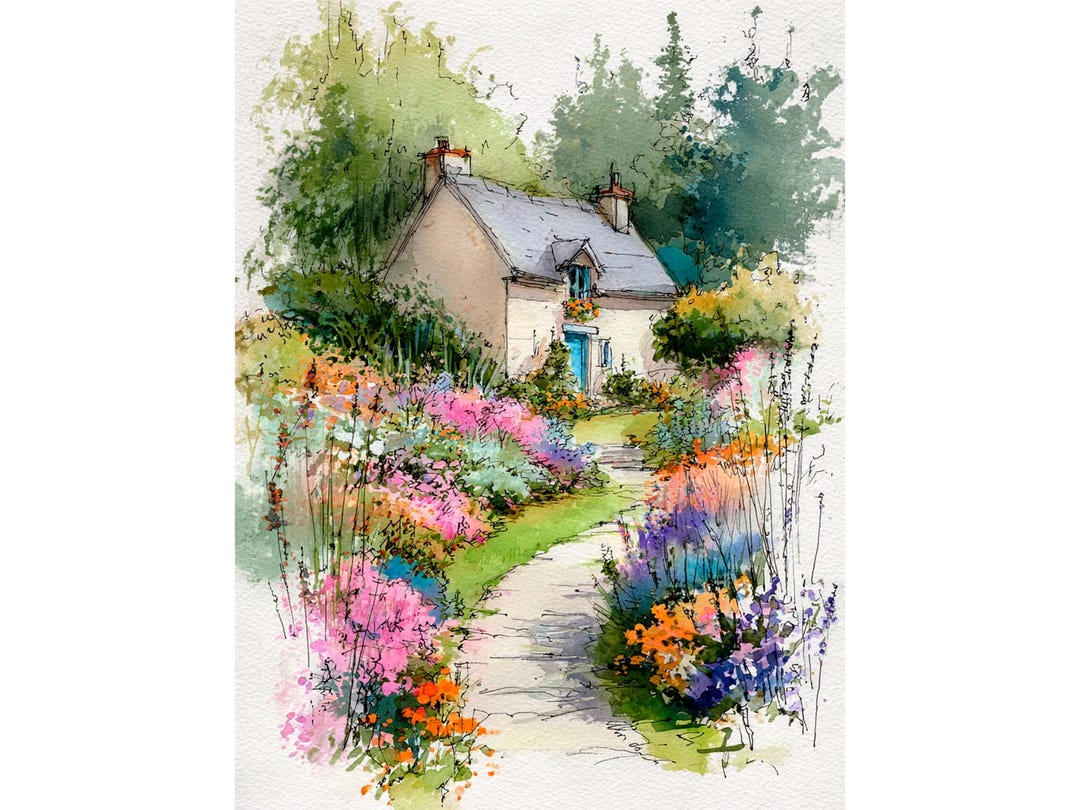 English Cottage Garden Watercolor Painting Art Print Country House Wall ...