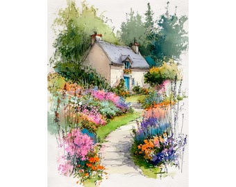 Impresión artística de acuarela de jardín de cabaña inglés, arte de pared de casa de campo en papel, regalo de FeelingPrints
