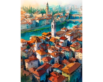 Florence Italy Watercolor Print Firenze Cityscape Painting on Paper Arno River Rooftops Wall Art Tuscan Travel Decor Italian Gift
