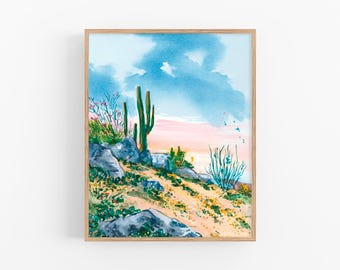 Arizona Desert Landscape Watercolor Painting Cactus Wall Art Arizona Sunset Artwork Southwest Nature Decor Print