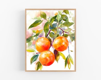 Orange Tree Watercolor Print Citrus Fruit Wall Art Kitchen Decor Botanical Orange Painting Mediterranean Fruit Print Foodie Gift Idea