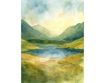 Lake District, Inghilterra, acquerello, stampa di paesaggio, decorazione da parete verde-grigio, arte scozzese di FeelingPrints