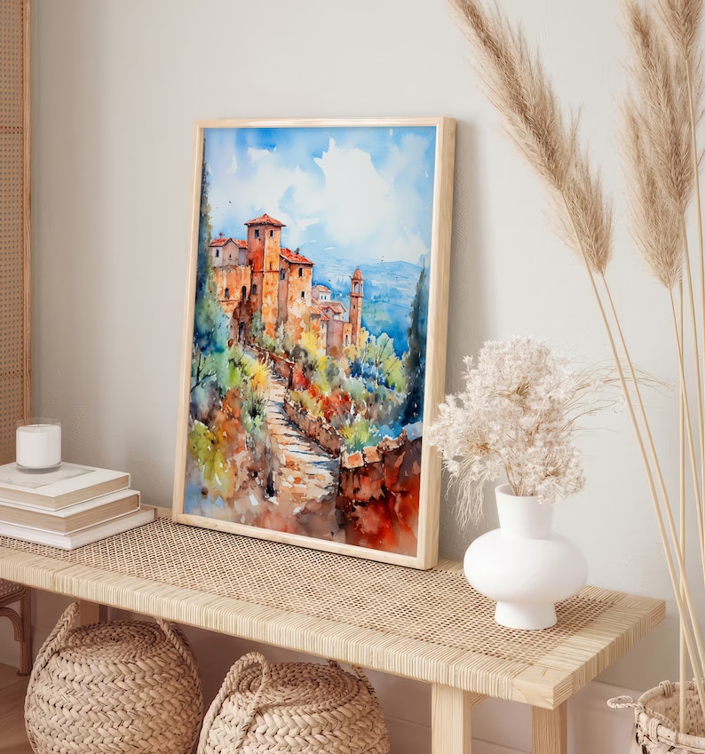 Italy Houses Watercolor Art Print Italy Landscape Painting Tuscany Art