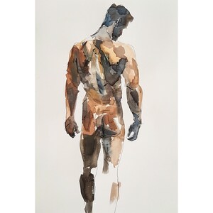 K&ouml;nnte beinhalten: Aquarellmalerei einer nackten Figur, die mit dem R&uuml;cken zum Betrachter steht. Die Figur ist in Braun-, Beige- und Graut&ouml;nen gemalt.