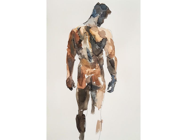 K&ouml;nnte beinhalten: Aquarellmalerei einer nackten Figur, die mit dem R&uuml;cken zum Betrachter steht. Die Figur ist in Braun-, Beige- und Graut&ouml;nen gemalt.