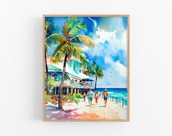 Siesta Key Beach Painting Florida Watercolor Art Print Palm Trees Artwork Seascape Poster Wall Art