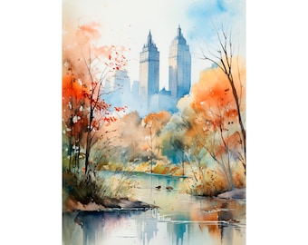 Central Park Cityscape Watercolor Painting New York City Art Print Travel Art Poster