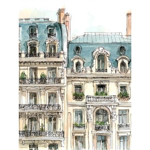 May include: Watercolour illustration of Parisian buildings with ornate facades, balconies, and blue mansard roofs. The buildings have multiple storeys with windows and decorative elements, evoking European architecture.