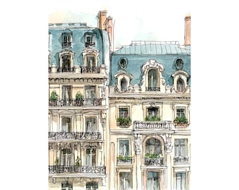 Puede incluir: Ilustración en acuarela de edificios parisinos con fachadas ornamentadas, balcones y tejados abuhardillados azules. Los edificios tienen múltiples pisos con ventanas y elementos decorativos, evocando la arquitectura europea.