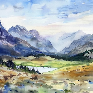 Puede incluir: Pintura acuarela de un paisaje montañoso con un lago en primer plano. Las montañas son azules y moradas, y el lago es azul claro. El cielo es azul claro con nubes blancas.