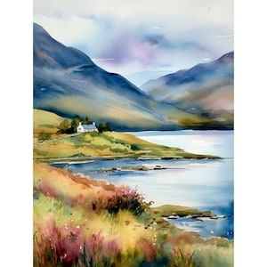 Pintura del distrito de los lagos, pintura del arte de la acuarela del campo de Inglaterra, póster artístico de pared de las montañas de Escocia