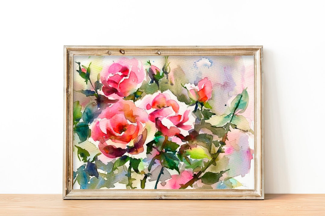 Rose Watercolor Print Garden Rose Flowers Artwork Red Roses Wall Art ...