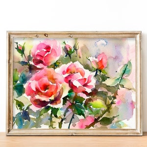 Rose Watercolor Print Garden Rose Flowers Artwork Red Roses Wall Art Print Watercolor Floral Decor by FeelingPrints
