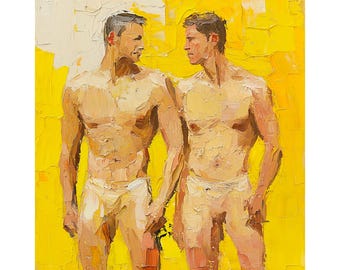 Dos hombres homosexuales - Pintura al óleo: Impresión artística figurativa moderna con textura impasto, decoración masculina, cuadro gay para pared de FeelingPrints