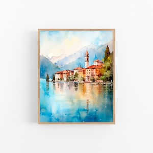 コモ湖の水彩画 イタリア旅行アートプリント 都市景観アートワーク 旅行ギフトアートポスター by FeelingPrints