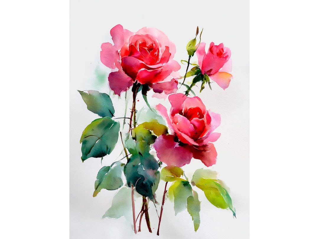 Pink Rose Watercolor Painting Rose Flowers Art Print on Paper Floral ...
