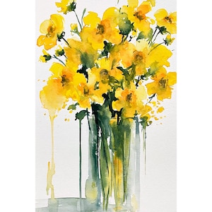 黄色い花の水彩画プリント、ゆったりとした花柄の壁掛けアート、植物の花瓶の絵、春のコテージコア装飾、花柄アートプリント