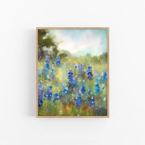 Texas Landscape Painting Bluebonnets Fields Watercolor Art Print Neutral Poster Wall Art