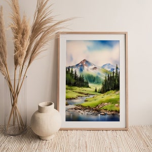 May include: A watercolour painting of a mountain landscape with a river flowing through a valley. The mountains are green and brown, and the sky is blue with white clouds. The river is blue and reflects the sky.