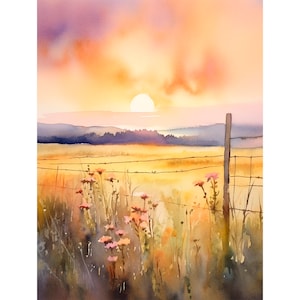 ティトンバレーの絵画 アイダホの風景 水彩画 アートプリント 牧草地のフィールドのアートワーク 夕焼けの壁アート