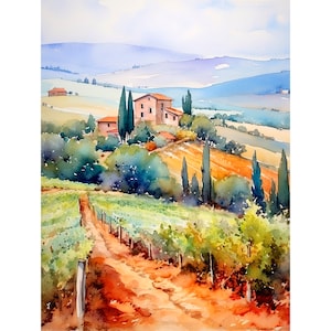 Toscane wijnmakerij aquarel Art Print Italië landschap schilderij Toscane wijngaard artwork