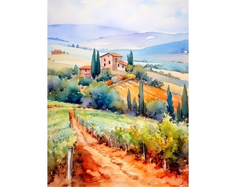 Tuscany Winery Watercolor Art Print Italy Landscape Painting Tuscany Vineyard Artwork