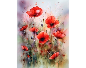 Red Poppy Watercolor Art Print Floral Artwork Flowers Watercolor Art