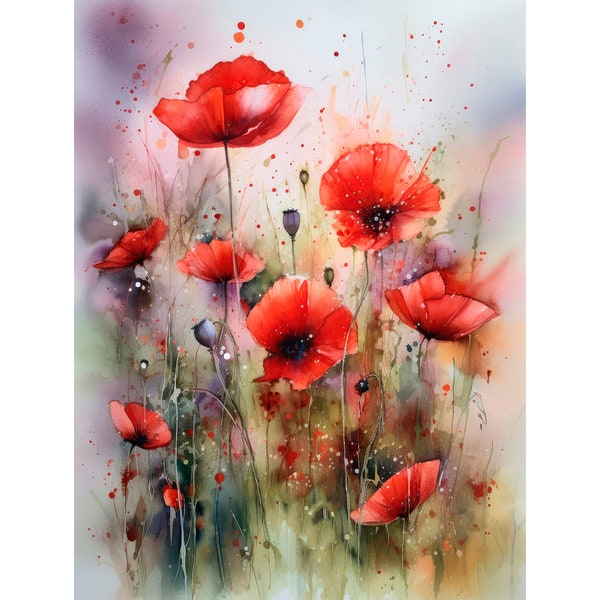 Impression d'art aquarelle coquelicot rouge Oeuvres d'art florales Aquarelle de fleurs