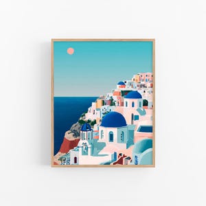 Santorini Greece Print Blue Dome Houses Wall Art Mediterranean Minimalist Art Coastal Landscape Painting Poster Greek Island Decor