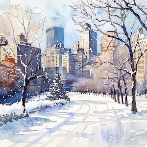 Park Avenue Watercolor Painting Winter New York City Art Print Winter Cityscape Artwork Gifts by FeelingPrints