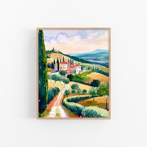 Tuscany Countryside Vineyards Art Print Italy Fields Watercolor Painting Italian Landscape Travel Art Poster Gifts by FeelingPrints
