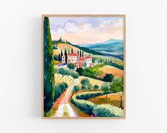 Tuscany Countryside Vineyards Art Print Italy Fields Watercolor Painting Italian Landscape Travel Art Poster Gifts by FeelingPrints