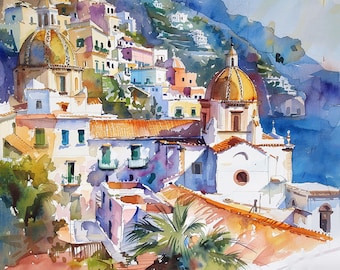 Positano Amalfi Coast Art Print Italian Cityscape Watercolor Art Italy Seascape Wall Art Travel Art Print by FeelingPrints