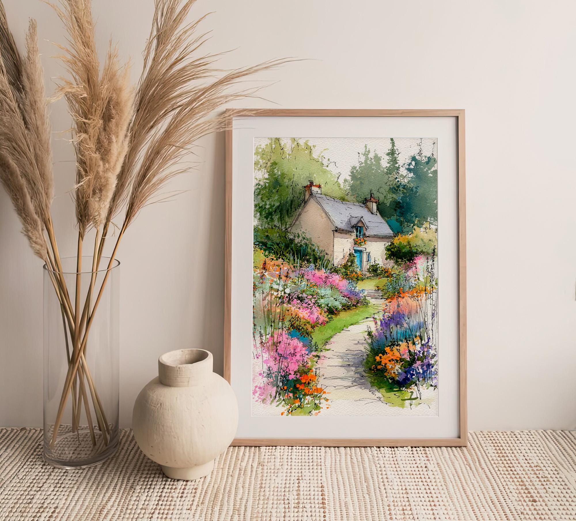 English Cottage Garden Watercolor Painting Art Print Country House Wall ...