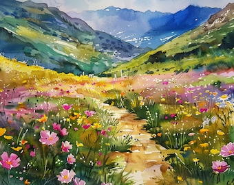 Spring Flowers Watercolor Painting Colorado Mountains Art Print Mountains Landscape Wall Art Decor by FeelingPrints
