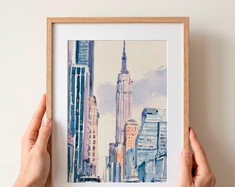 Empire State Building Watercolor Print New York City Wall Art NYC Skyline Painting Manhattan Travel Decor