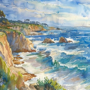 ビッグサーの水彩画、カリフォルニアの海岸線の絵画、カリフォルニアのビーチの壁装飾ギフト、FeelingPrints より