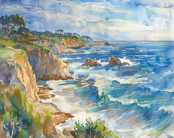 May include: A watercolor painting of a rocky coastline with crashing waves and a blue sky. The painting features a dramatic cliffside with lush green foliage and a distant view of the ocean.