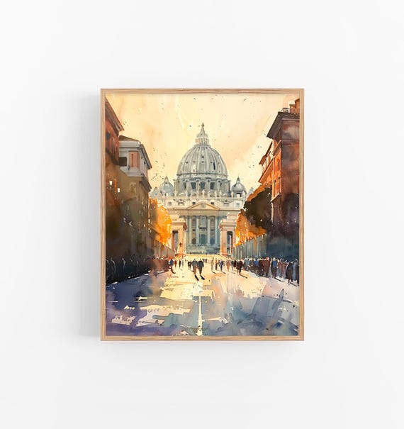 イタリアの旅（水彩画） ローマの街並みの水彩画アートプリント イタリアの街並みの水彩画 旅行