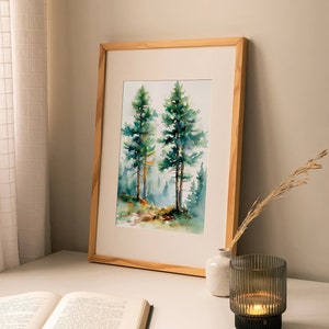 Pine Trees Art Print Colorado Foggy Forest Evergreen Trees Watercolor ...