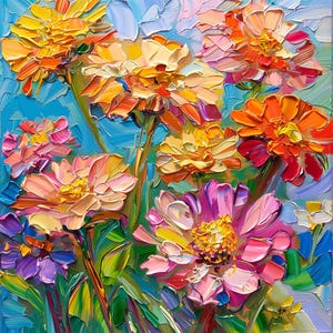 May include: A vibrant oil painting featuring a bouquet of colorful flowers. The flowers are painted in a thick, textured style, with bright hues of yellow, orange, pink, and red. The background is a soft blue, creating a sense of depth and movement.