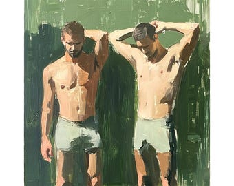 Figuras masculinas homosexuales, pintura al óleo, lámina artística figurativa, arte mural minimalista, obra de arte contemporánea del cuerpo masculino de FeelingPrints