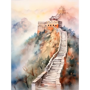 万里の長城の絵画 中国 水彩画 アートプリント 旅行アートポスター