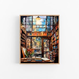 May include: A watercolour painting of a bookstore interior with bookshelves filled with books, a window with a view of a street, and a table with stacks of books. The painting is framed in a wooden frame.