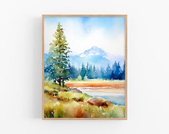 May include: Watercolour painting of a mountain landscape with a single pine tree in the foreground, a river, and a mountain range in the background.