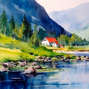 ノルウェーフィヨルド水彩画アートプリントノルウェー絵画山アートワーク田舎壁アート
