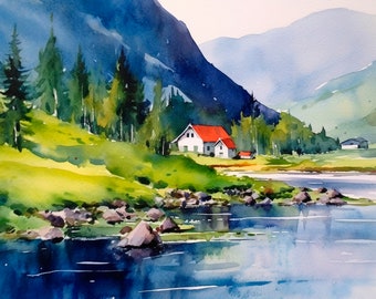 Norwegina Fjords Watercolor Art Print Norway Painting Mountains Artwork Countryside Wall Art
