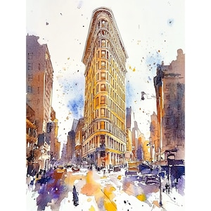 Peut inclure: Une peinture à l'aquarelle d'un immeuble haut et étroit avec une façade incurvée unique. Le bâtiment est jaune avec de nombreuses fenêtres et est entouré d'autres bâtiments et d'une scène de rue. La peinture est réalisée dans un style libre et impressionniste avec des éclaboussures de couleur.